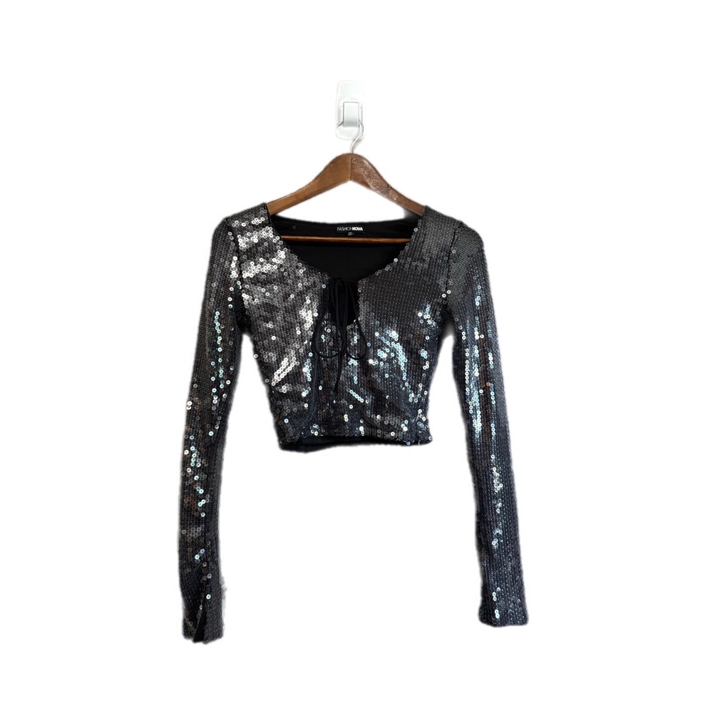 Fashion Nova Sequin Crop Top Womens XS Silver Excellent Front Tie Long Sleeve